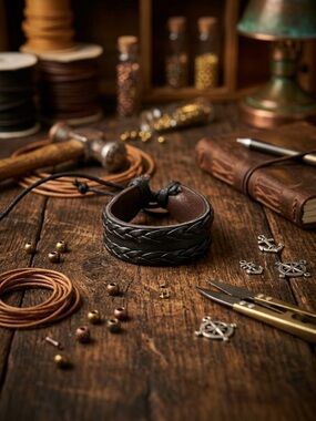 Hand Crafted Braided Black Leather Cuff Bracelet